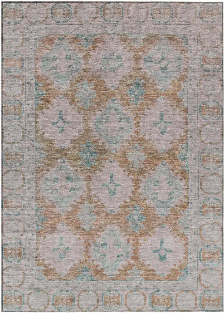 Terra Cotta And Teal Blue Damask Washable Indoor Outdoor Area Rug Photo 1