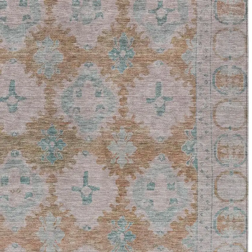 Terra Cotta And Teal Blue Damask Washable Indoor Outdoor Area Rug Photo 4