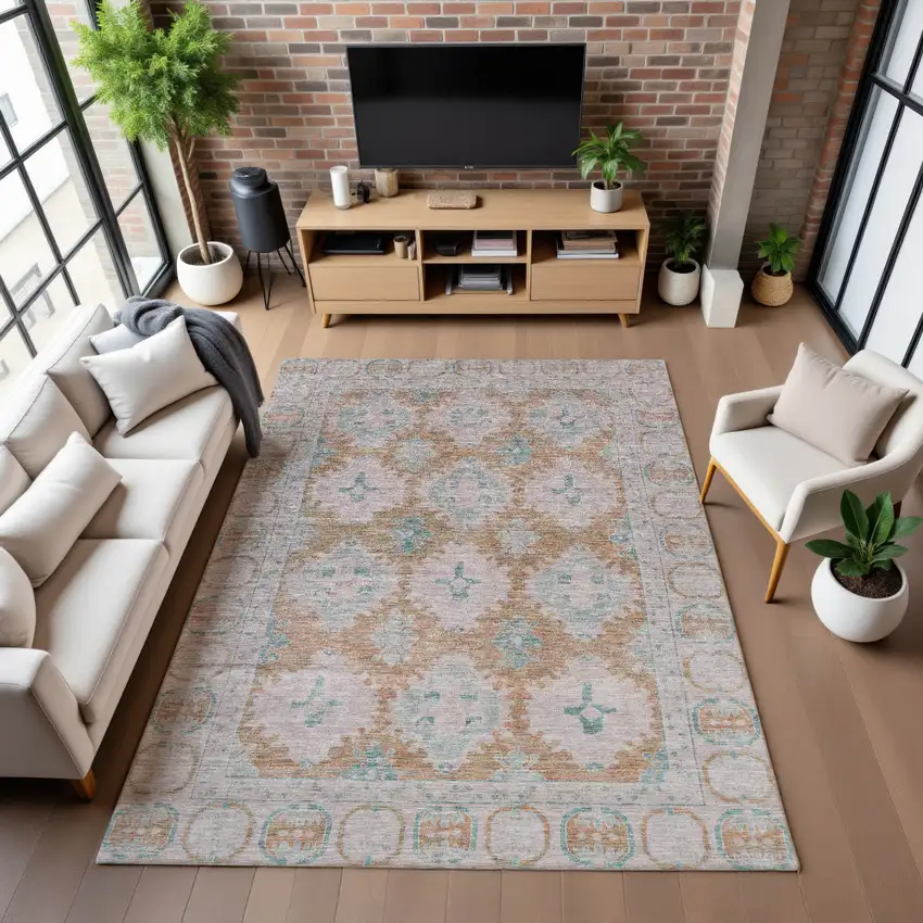 Terra Cotta And Teal Oriental Washable Area Rug With UV Protection Photo 5