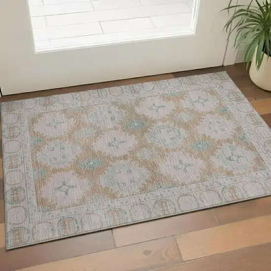 Terra Cotta And Teal Oriental Washable Area Rug With UV Protection Photo 2