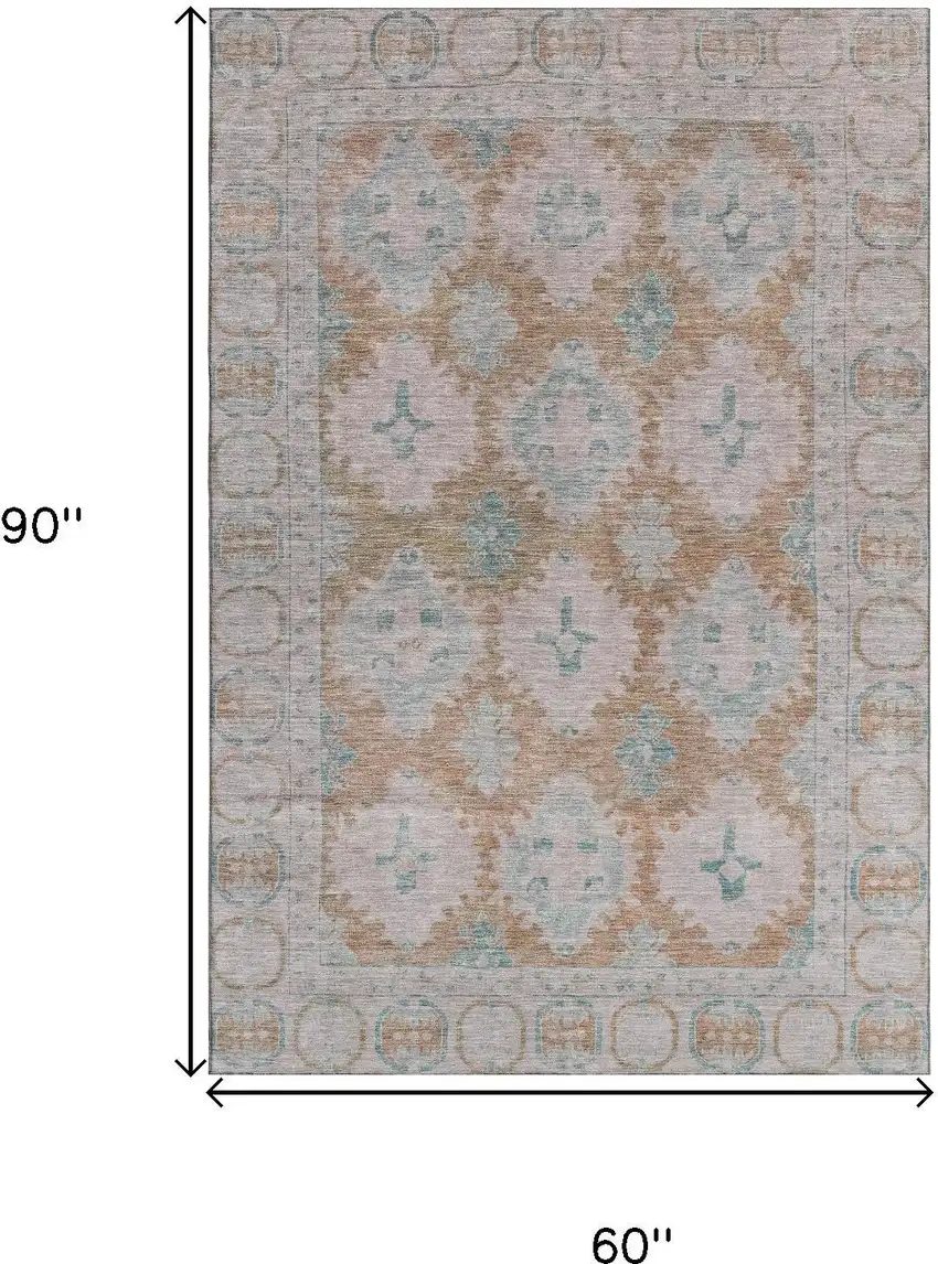 Terra Cotta And Teal Oriental Washable Area Rug With UV Protection Photo 9