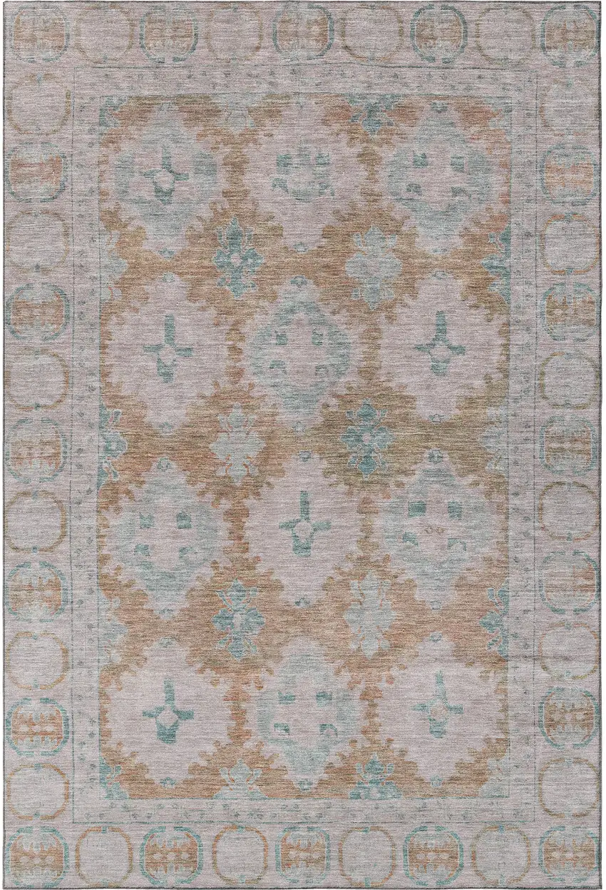 Terra Cotta And Teal Oriental Washable Area Rug With UV Protection Photo 2