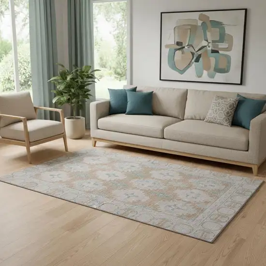 Terra Cotta And Teal Oriental Washable Area Rug With UV Protection Photo 2