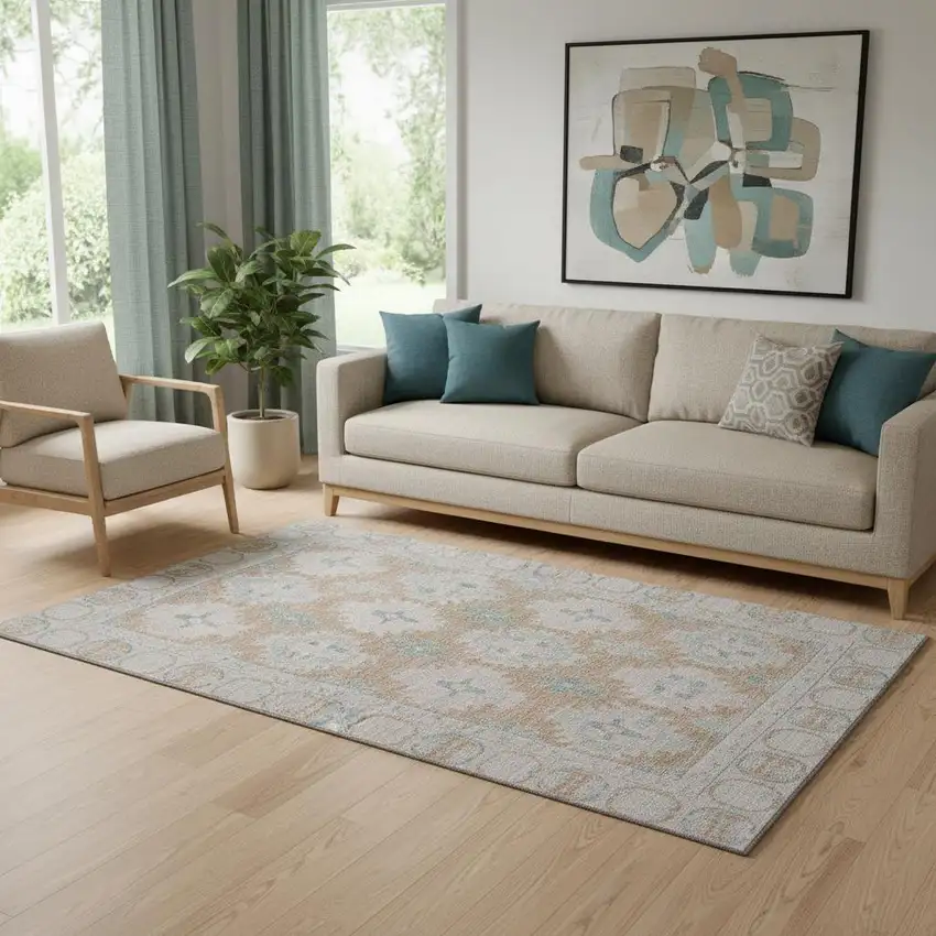 Terra Cotta And Teal Oriental Washable Area Rug With UV Protection Photo 2