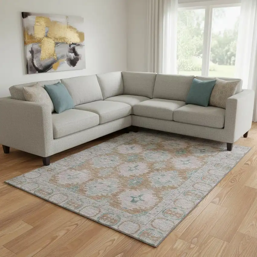 Terra Cotta And Teal Oriental Washable Area Rug With UV Protection Photo 2