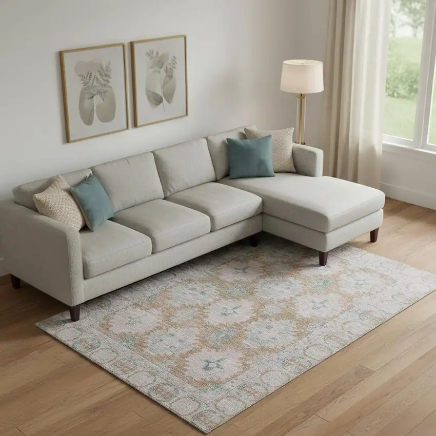 Terra Cotta And Teal Oriental Washable Area Rug With UV Protection Photo 2