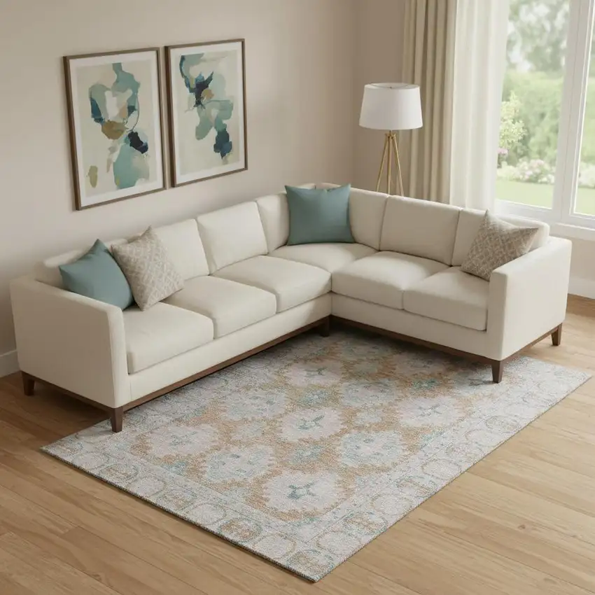 Terra Cotta And Teal Oriental Washable Area Rug With UV Protection Photo 2