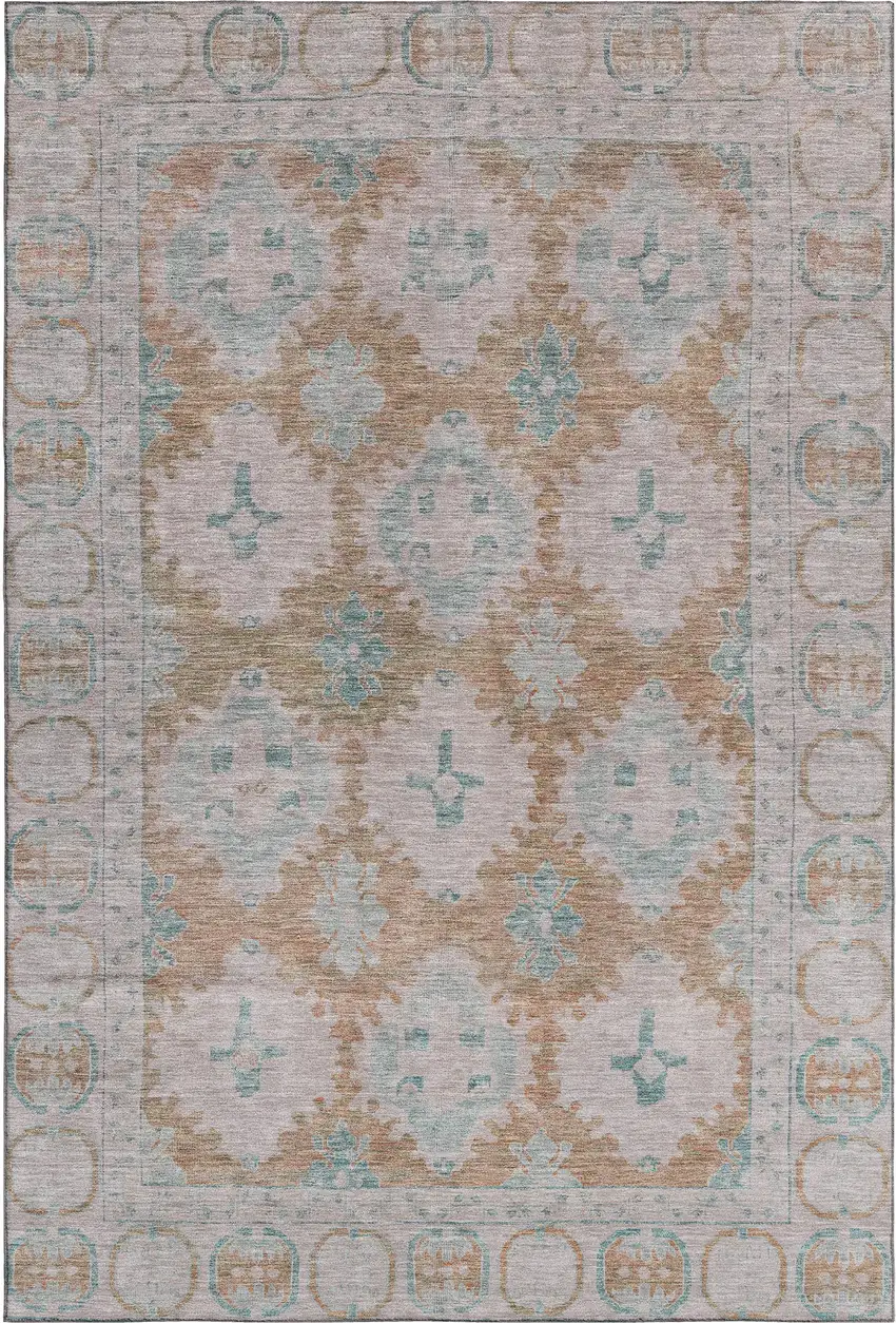 Terra Cotta And Teal Oriental Washable Area Rug With UV Protection Photo 1