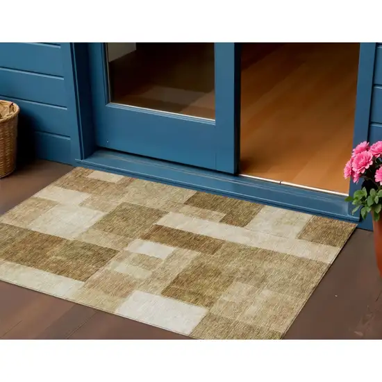 Terra Cotta Beige And Brown Geometric Washable Indoor Outdoor Area Rug Photo 1