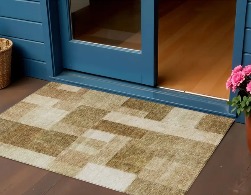 Terra Cotta Beige And Brown Geometric Washable Indoor Outdoor Area Rug Photo 1