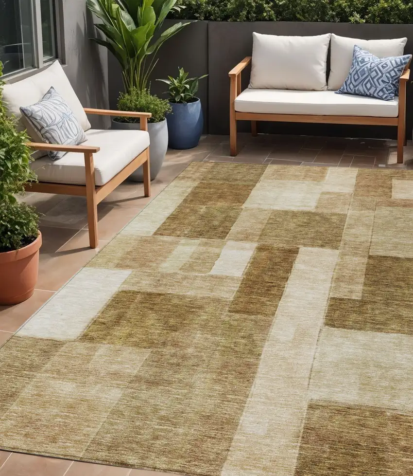Terra Cotta Beige And Brown Geometric Washable Indoor Outdoor Area Rug Photo 1