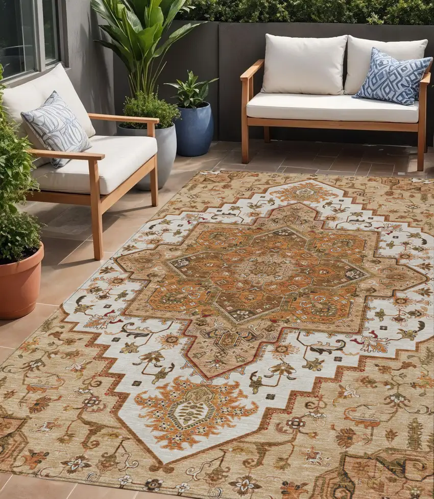 Terra Cotta Beige And Brown Oriental Washable Indoor Outdoor Area Rug Photo 1