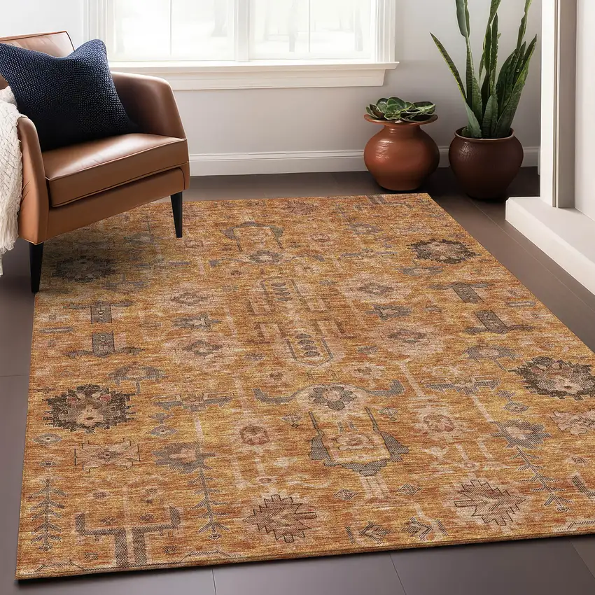 Terra Cotta Beige And Charcoal Oriental Washable Area Rug With UV Protection Photo 6