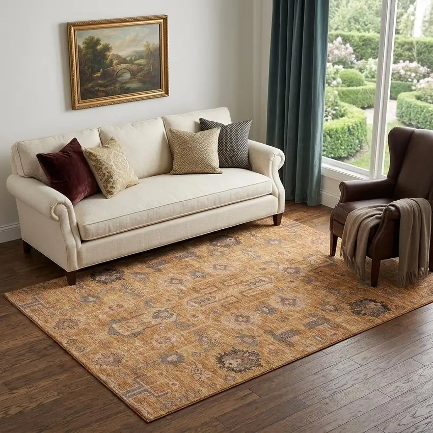 Terra Cotta Beige And Charcoal Oriental Washable Area Rug With UV Protection Photo 1
