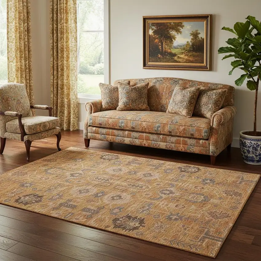 Terra Cotta Beige And Charcoal Oriental Washable Area Rug With UV Protection Photo 1