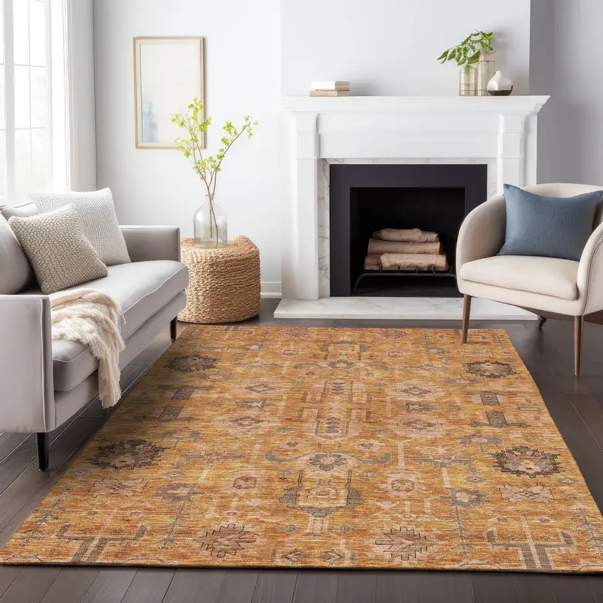 Terra Cotta Beige And Charcoal Oriental Washable Area Rug With UV Protection Photo 5