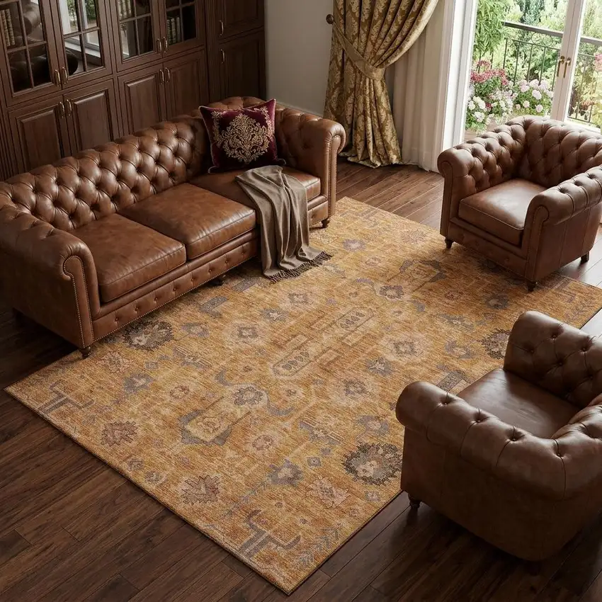 Terra Cotta Beige And Charcoal Oriental Washable Area Rug With UV Protection Photo 1