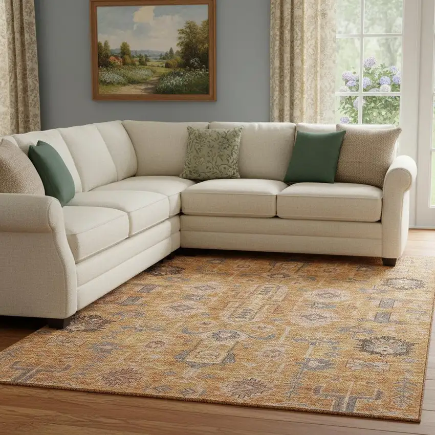 Terra Cotta Beige And Charcoal Oriental Washable Area Rug With UV Protection Photo 1