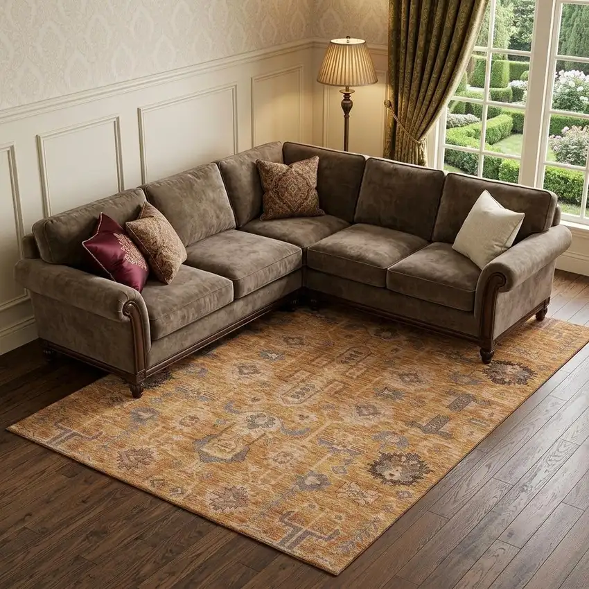 Terra Cotta Beige And Charcoal Oriental Washable Area Rug With UV Protection Photo 1