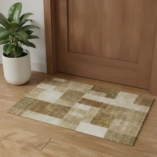 Terra Cotta Beige And Copper Geometric Washable Area Rug With UV Protection Photo 1