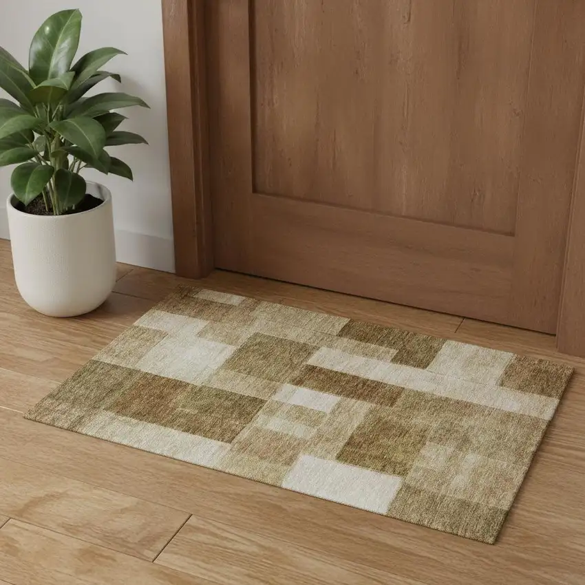 Terra Cotta Beige And Copper Geometric Washable Area Rug With UV Protection Photo 1