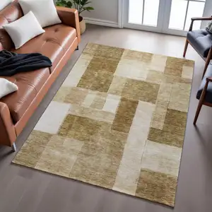 Photo of Terra Cotta Beige And Copper Geometric Washable Area Rug With UV Protection