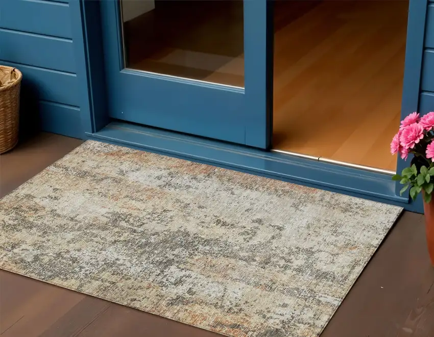 Terra Cotta Beige And Dark Gray Abstract Washable Indoor Outdoor Area Rug Photo 1
