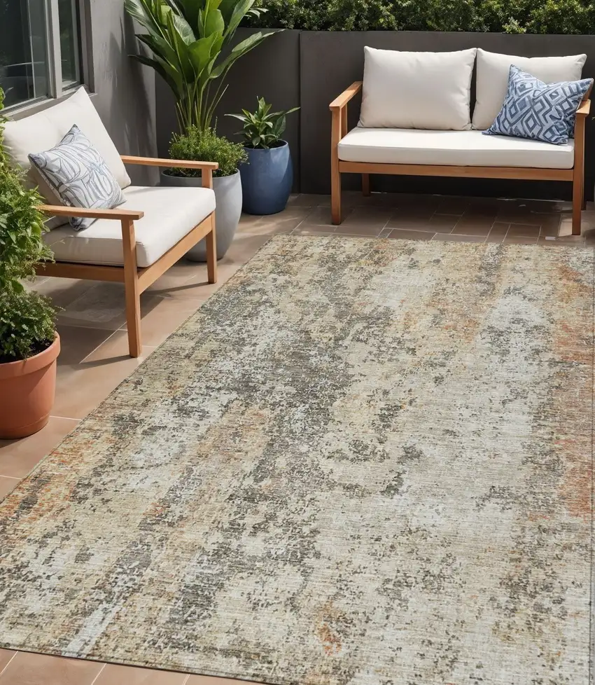 Terra Cotta Beige And Dark Gray Abstract Washable Indoor Outdoor Area Rug Photo 1