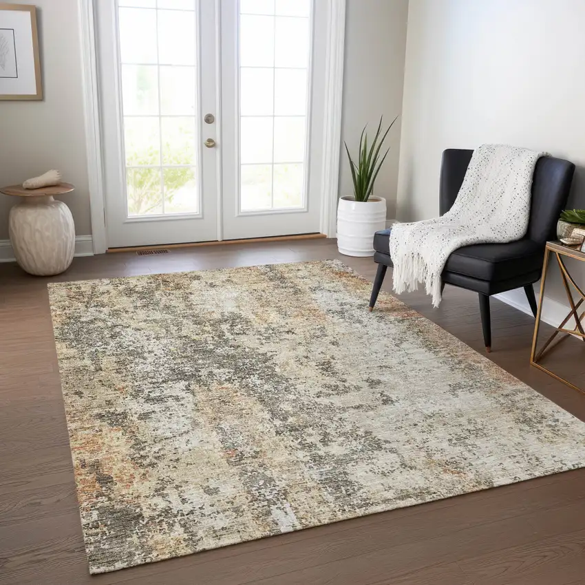Terra Cotta Beige And Dark Gray Abstract Washable Indoor Outdoor Area Rug Photo 9