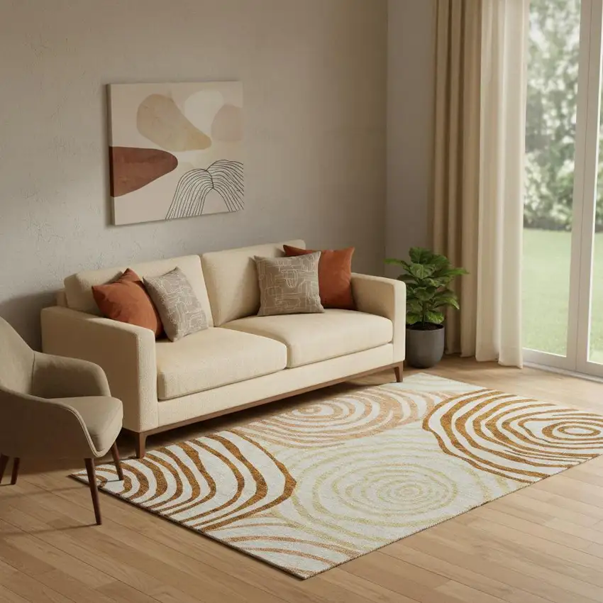 Terra Cotta Beige And Gold Abstract Washable Area Rug With UV Protection Photo 1