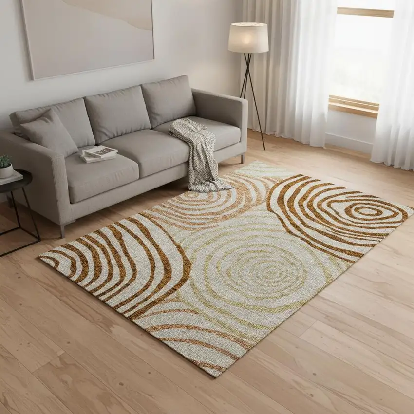 Terra Cotta Beige And Gold Abstract Washable Area Rug With UV Protection Photo 2