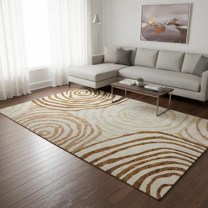 Terra Cotta Beige And Gold Abstract Washable Area Rug With UV Protection Photo 2