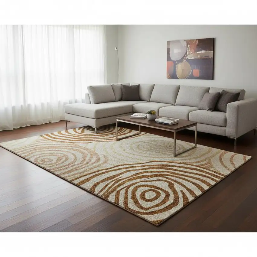 Terra Cotta Beige And Gold Abstract Washable Area Rug With UV Protection Photo 2
