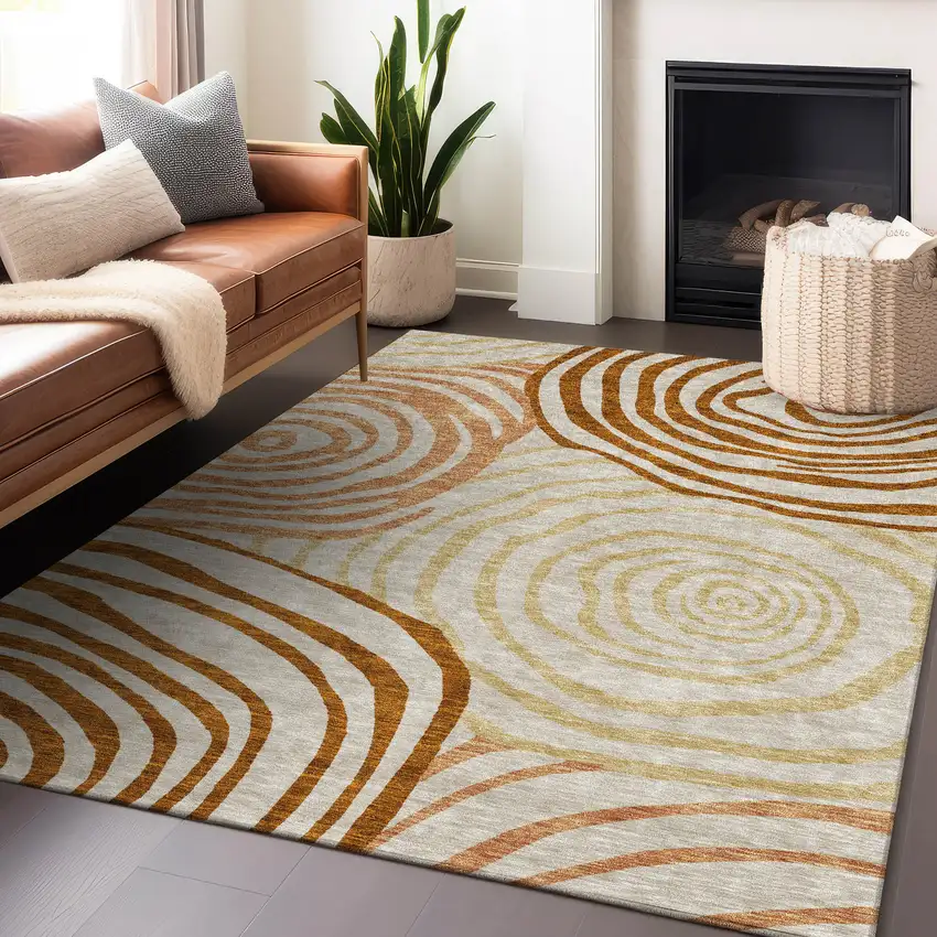Terra Cotta Beige And Gold Abstract Washable Area Rug With UV Protection Photo 6