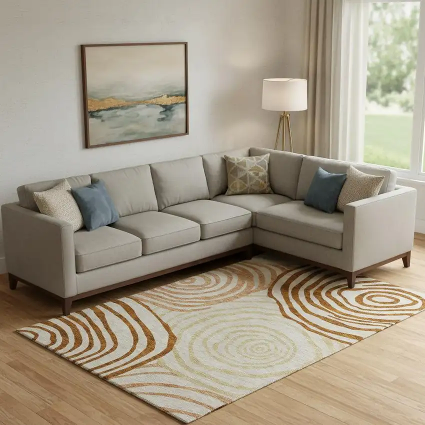 Terra Cotta Beige And Gold Abstract Washable Area Rug With UV Protection Photo 1