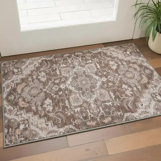 Terra Cotta Beige And Gray Floral Medallion Washable Area Rug With UV Protection Photo 2
