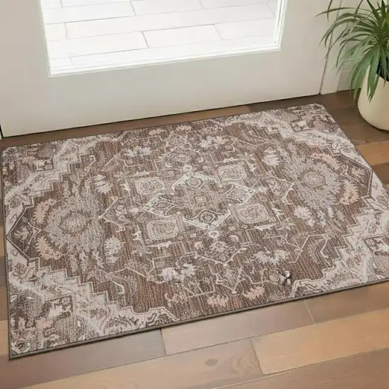 Terra Cotta Beige And Gray Floral Medallion Washable Area Rug With UV Protection Photo 1