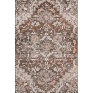 Photo of Terra Cotta Beige And Gray Floral Medallion Washable Area Rug With UV Protection