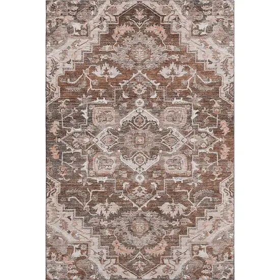 Terra Cotta Beige And Gray Floral Medallion Washable Area Rug With UV Protection Photo 1
