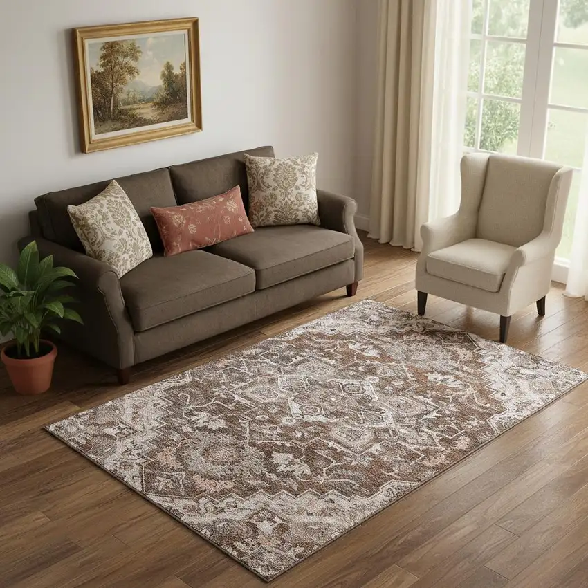 Terra Cotta Beige And Gray Floral Medallion Washable Area Rug With UV Protection Photo 1