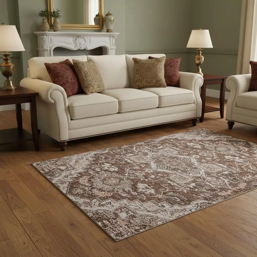 Terra Cotta Beige And Gray Floral Medallion Washable Area Rug With UV Protection Photo 2