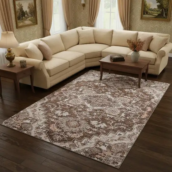 Terra Cotta Beige And Gray Floral Medallion Washable Area Rug With UV Protection Photo 2