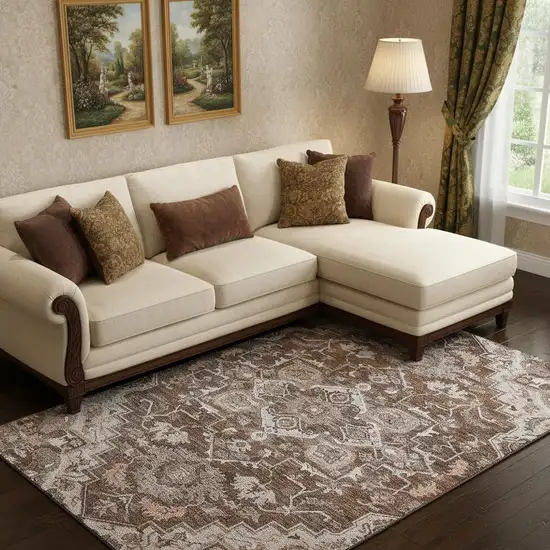 Terra Cotta Beige And Gray Floral Medallion Washable Area Rug With UV Protection Photo 1