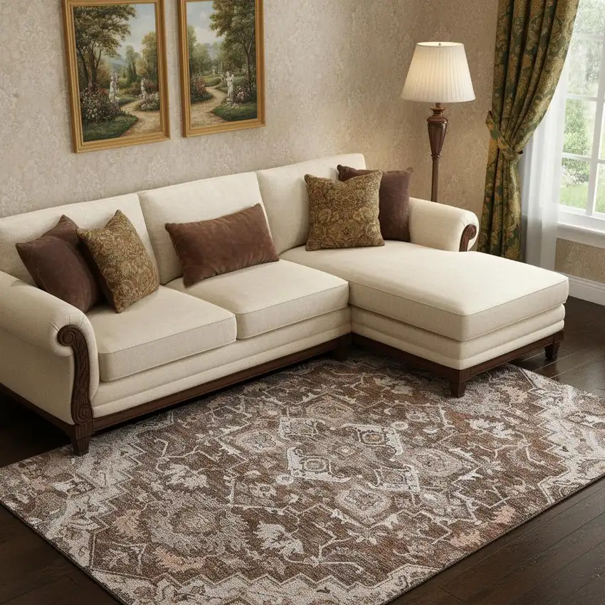 Terra Cotta Beige And Gray Floral Medallion Washable Area Rug With UV Protection Photo 1