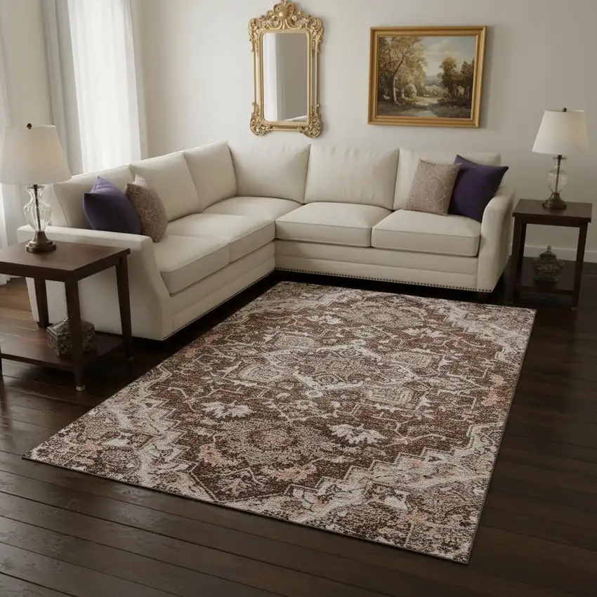 Terra Cotta Beige And Gray Floral Medallion Washable Area Rug With UV Protection Photo 2