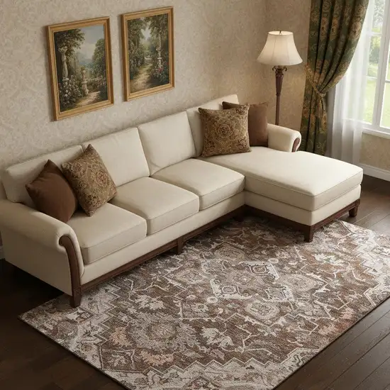 Terra Cotta Beige And Gray Floral Medallion Washable Area Rug With UV Protection Photo 1