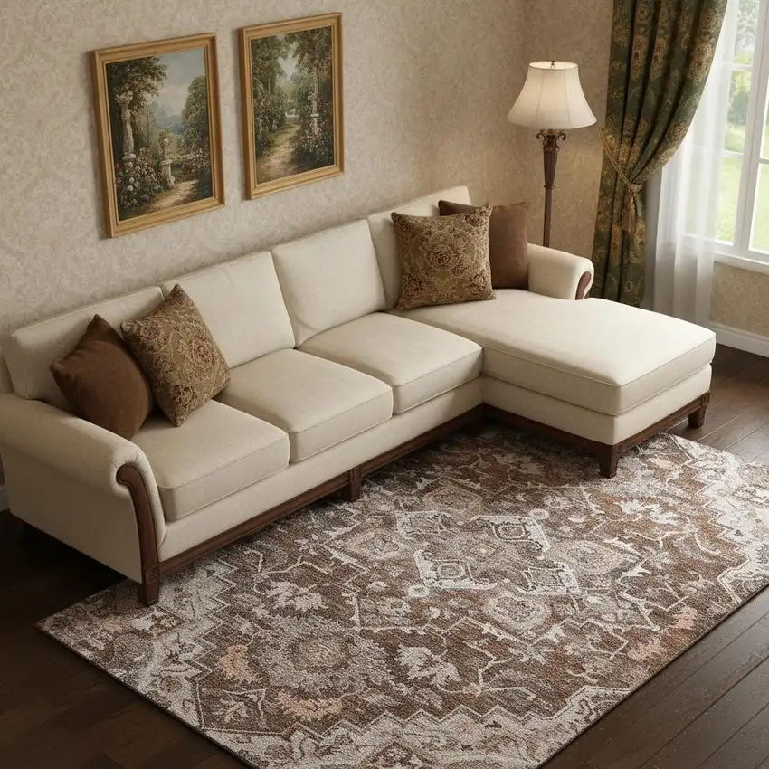 Terra Cotta Beige And Gray Floral Medallion Washable Area Rug With UV Protection Photo 1