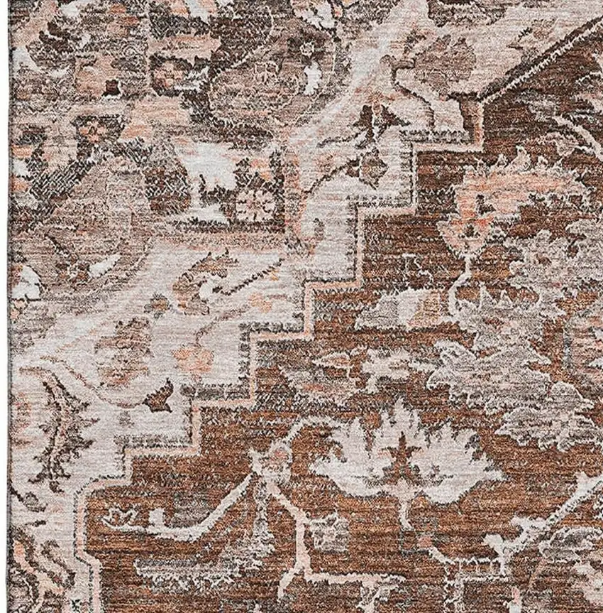 Terra Cotta Beige And Gray Floral Medallion Washable Area Rug With UV Protection Photo 3
