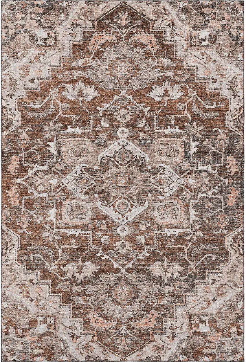 Terra Cotta Beige And Gray Floral Medallion Washable Area Rug With UV Protection Photo 4