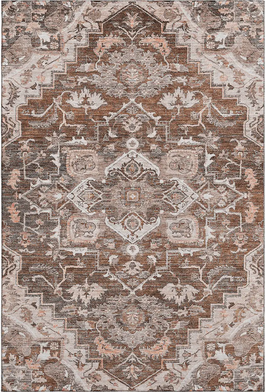Terra Cotta Beige And Gray Floral Medallion Washable Area Rug With UV Protection Photo 1